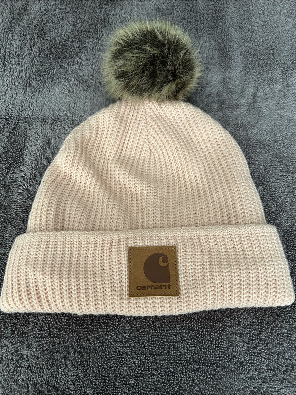 Women’s Carhartt Blush Pink Knit Beanie with Faux Fur Pom
